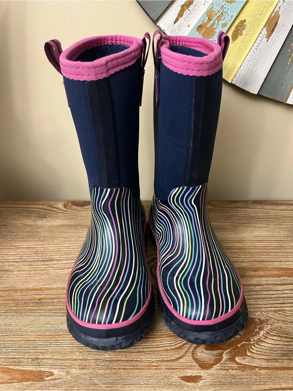 Lands’ End Girls - Kids Rainbow Stripe Waterproof Navy Pink Rain Boots Size 13